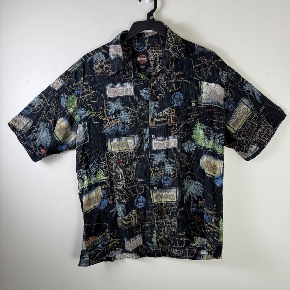 Harley Davidson Mens Linen Blend Allover Print Button Front Hawaiian Shirt Large